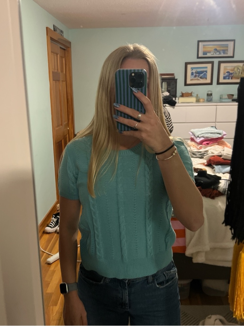Light Teal Cable Knit Short Sleeve Sweater
